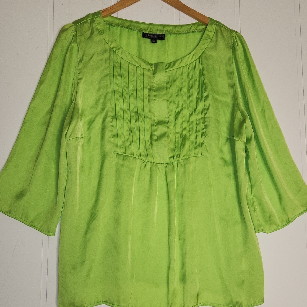 Y2K Bold Vibrant Neon Green Silky Satin Pintuck Flowy Bell Sleeve Blouse